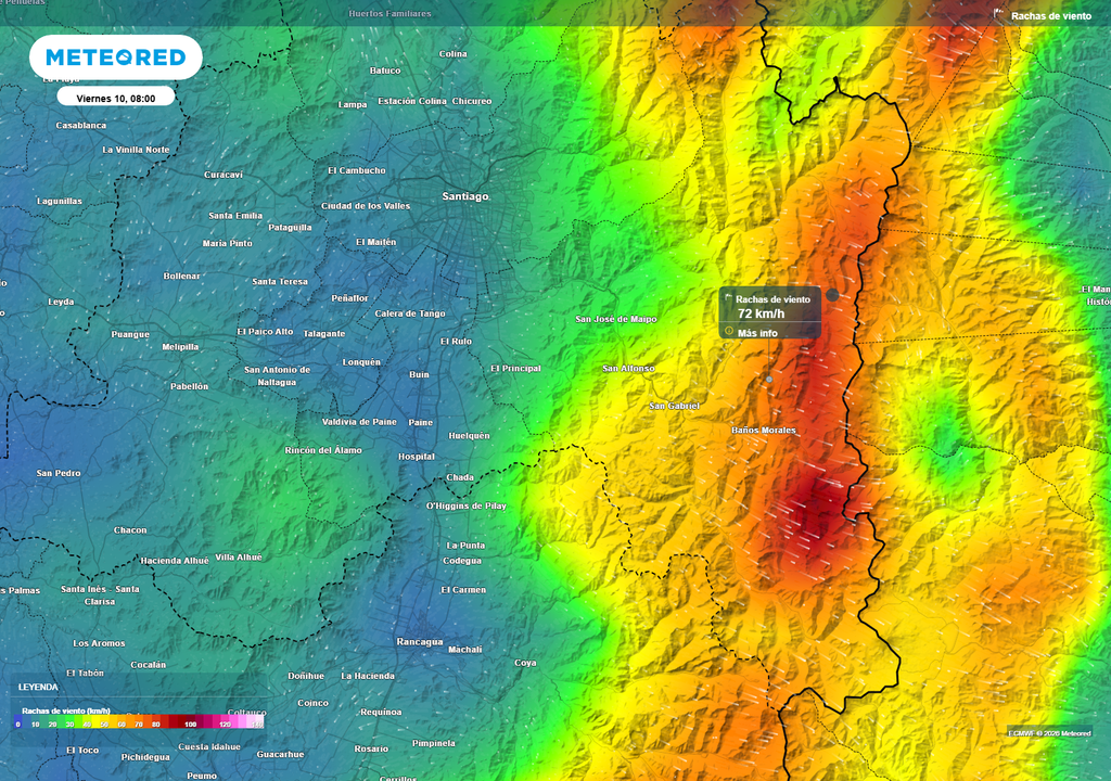 mapa de rachas de viento. Se esperan rachas de viento sobre 70 km/h en la cordillera de la RM.
