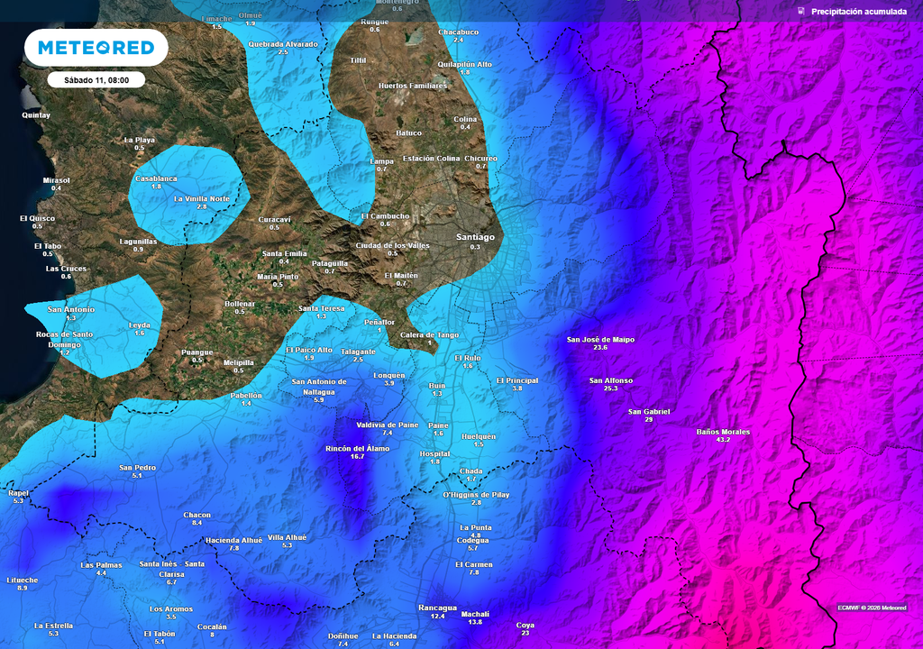 Los montos más altos de agua acumulada total del evento se registrarían en la precordillera y más aún en cordillera.