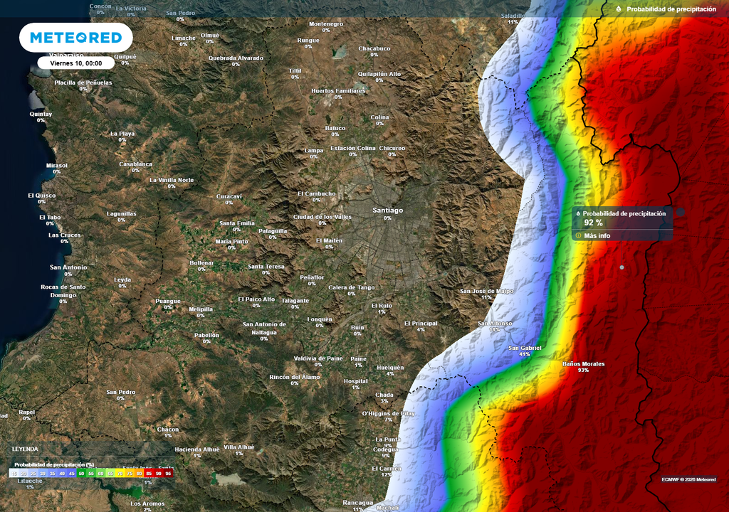 Al terminar el jueves, la probabilidad de precipitación aumenta en sectores cordilleranos.