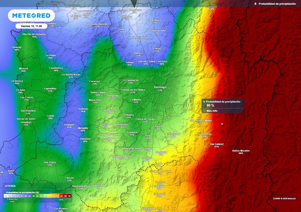 La mayor probabilidad de precipitación se concentrará en la cordillera de la RM.