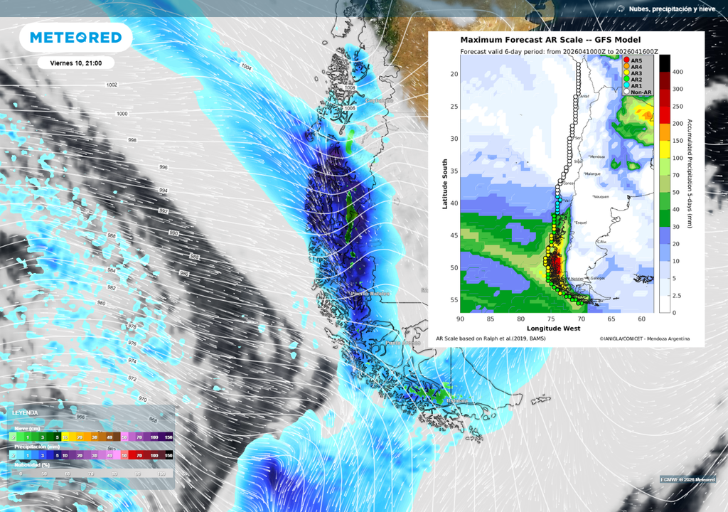 Río atmosférico impacta el sur de Chile, dejando precipitaciones intensas en Magallanes y Aysén. El evento podría alcanzar categoría 3 a 4, favoreciendo acumulados significativos de lluvia y nieve en la Patagonia.