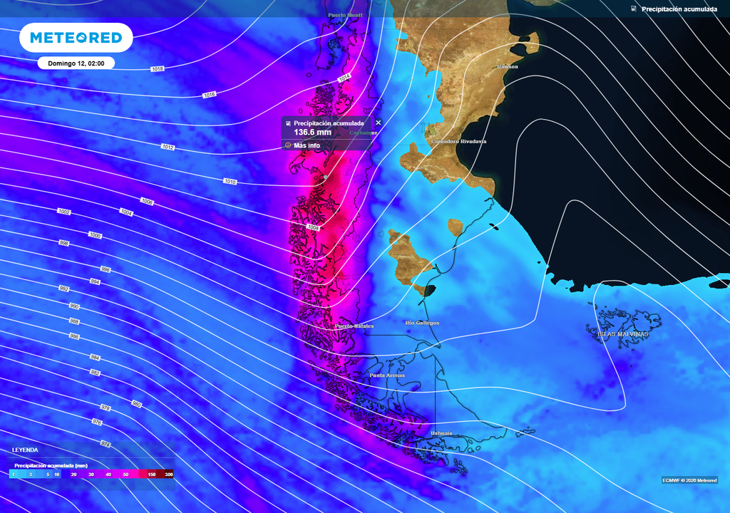Acumulados de precipitación proyectados hacia el fin de semana muestran lluvias intensas en la Patagonia, con montos elevados especialmente en Magallanes y el sur de Aysén, bajo la influencia de un sistema frontal activo y un río atmosférico.