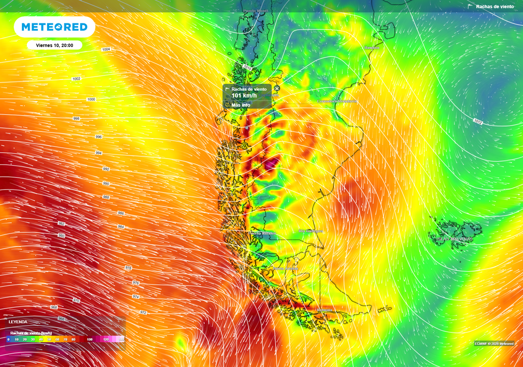 Rachas de viento intensas acompañan el sistema frontal en la Patagonia, con máximos que podrían superar los 100 km/h en Aysén y Magallanes, especialmente durante la tarde y noche del viernes.