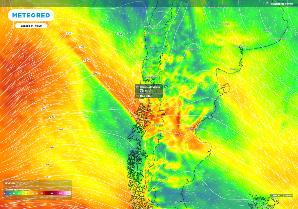 El viento se mantiene activo durante el sábado en la zona sur, con ráfagas que podrían alcanzar los 70 km/h en Los Lagos y sectores de Aysén, en medio del avance del sistema frontal hacia el norte.