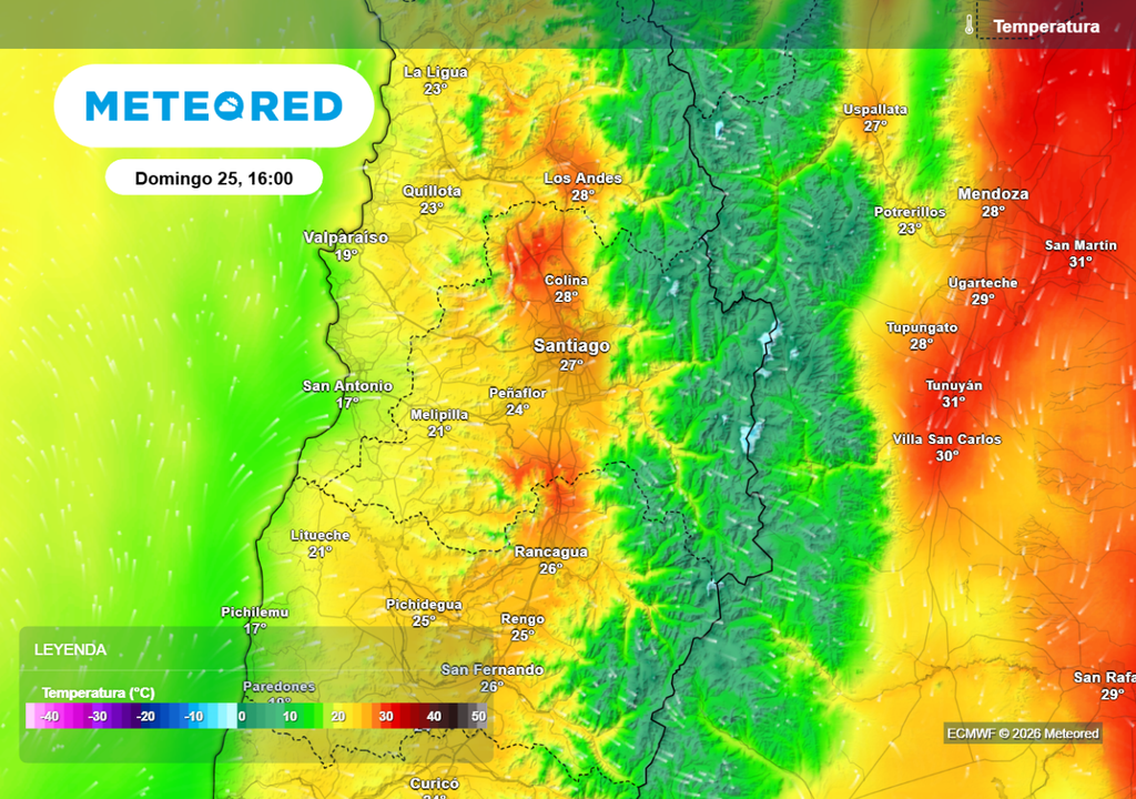 Temperaturas Importante baja térmica este domingo en Santiago, temperaturas máximas entre 26 y 27 °C.