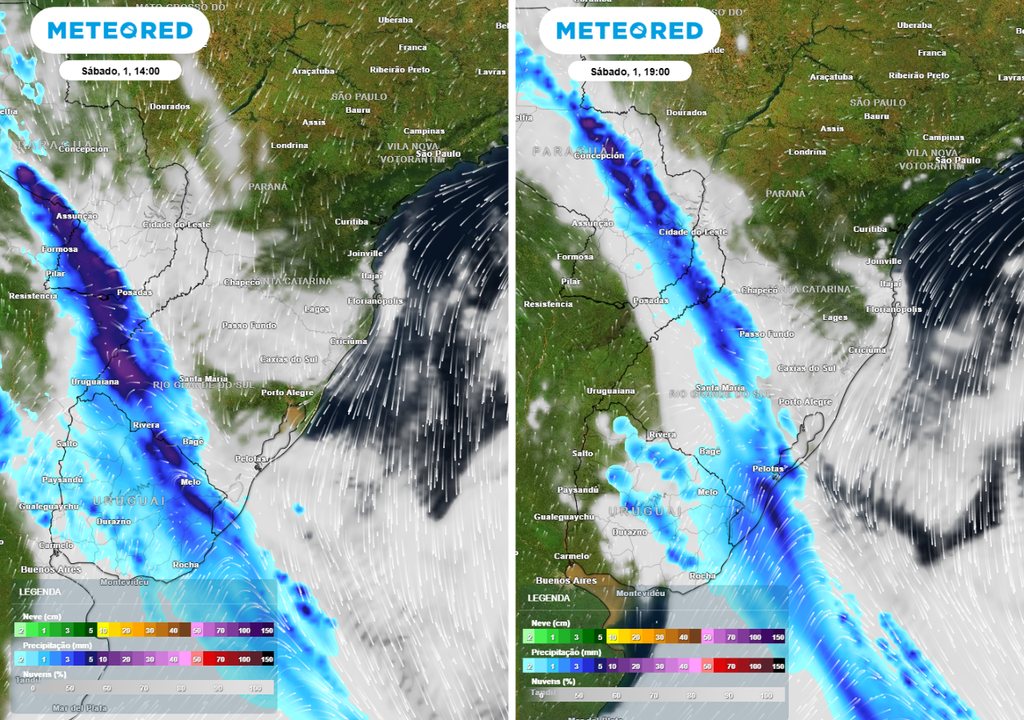 Previsão de precipitação (em mm) e nebulosidade (tons acinzentados) para o sábado (1º de agosto) às 14h à esquerda e às 19h à direita, segundo o modelo europeu ECMWF.
