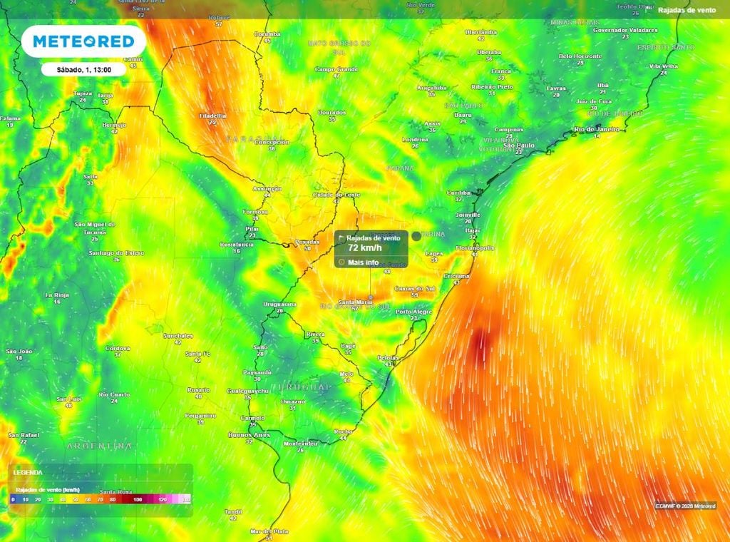 Previsão de rajadas de vento (em km/h) para a tarde (13h) do sábado (1º de agosto), segundo o modelo europeu ECMWF.