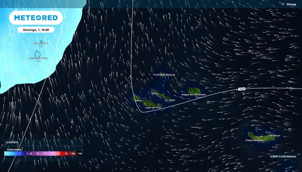 Área de precipitação aproxima-se do setor ocidental dos Açores no domingo ECMWF prevê área de precipitação a oeste dos Açores no domingo.