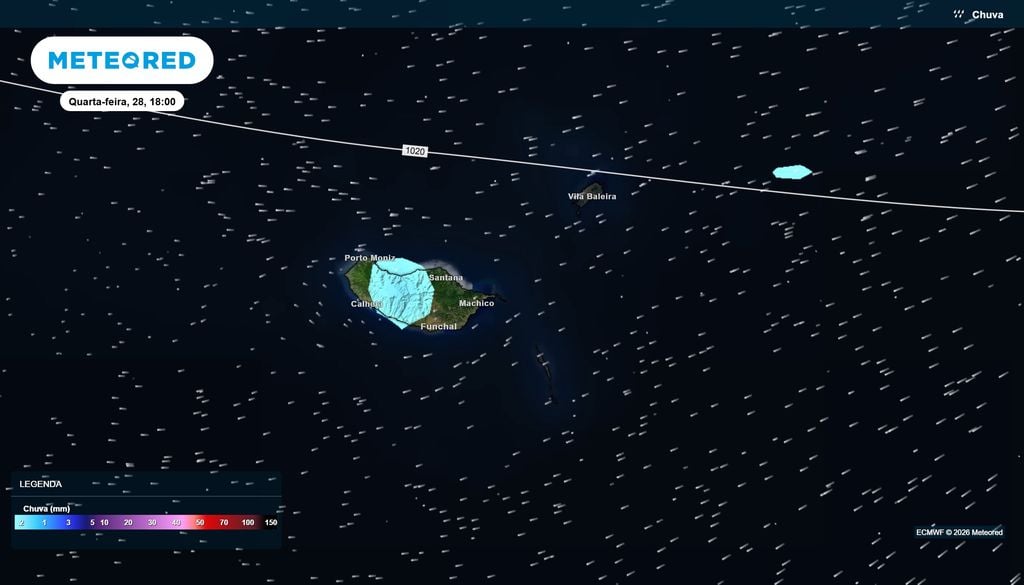 Chuva fraca deverá atingir sobretudo as zonas montanhosas da Madeira O ECMWF prevê precipitação fraca em setores do interior da Madeira durante a tarde de quarta-feira, com menor expressão em várias localidades do litoral sul.