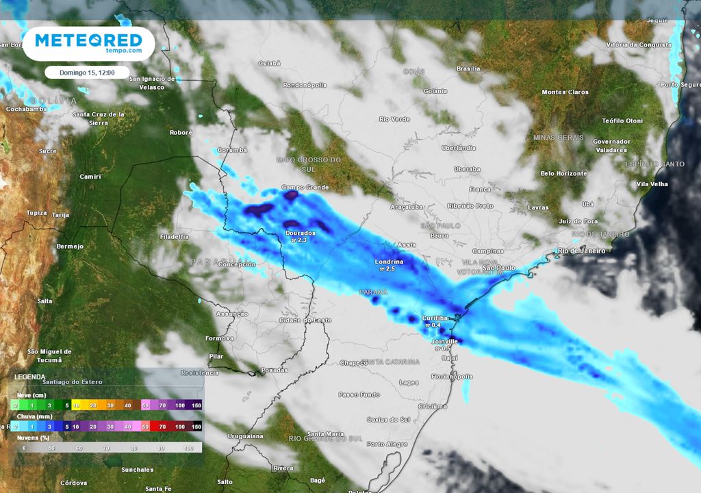Previsão de nebulosidade e chuva no domingo.