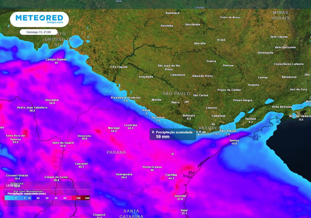 Previsão de acumulados totais de chuva até domingo.
