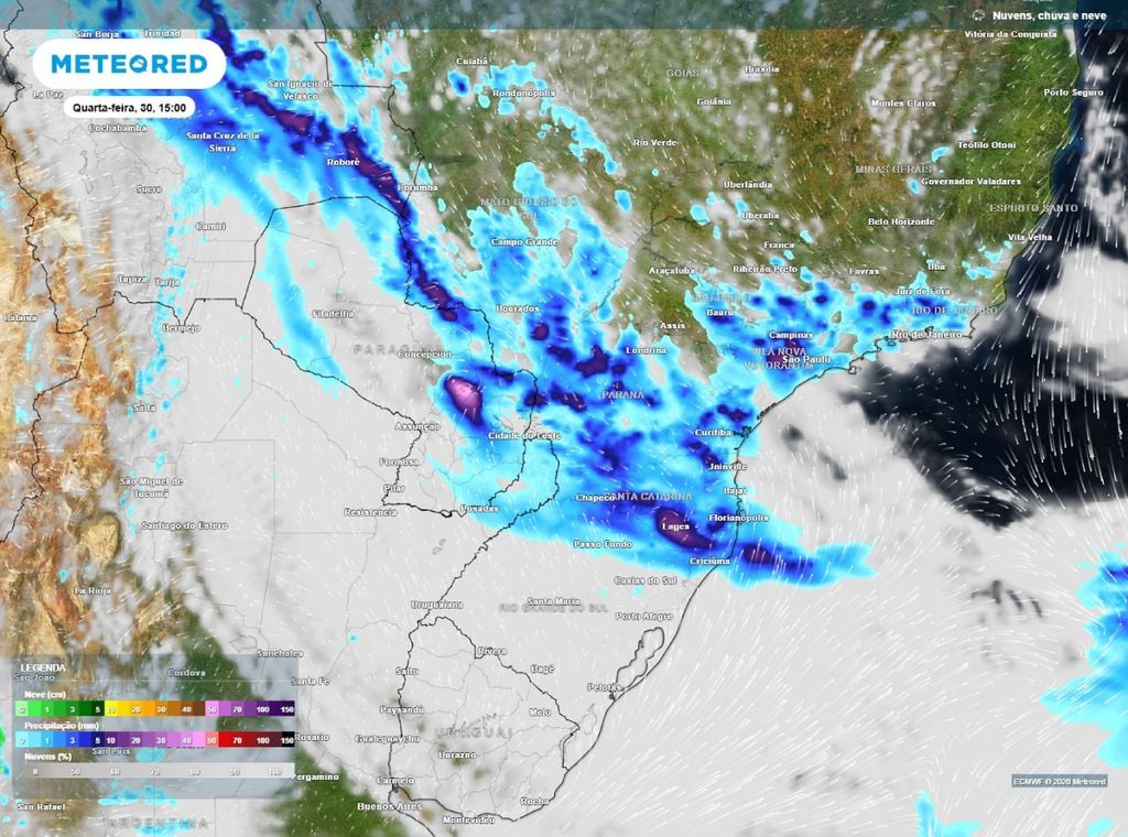 Previsão de chuva (mm) para quarta-feira (30) às 15h, segundo o modelo europeu ECMWF.