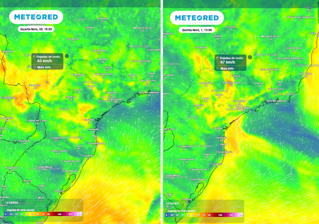 Previsão de rajadas de vento (km/h) para quarta-feira (30) às 15h à esquerda e para quinta-feira (1º de outubro) às 13h à direita, segundo o modelo europeu ECMWF.