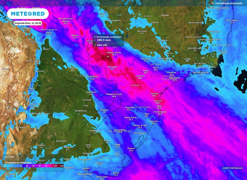 Chuva acumulada até o final da noite de domingo (10). Volumes se aproximam de 200 mm no interior do MS com potencial para alagamentos e diversos transtornos nas plantações.