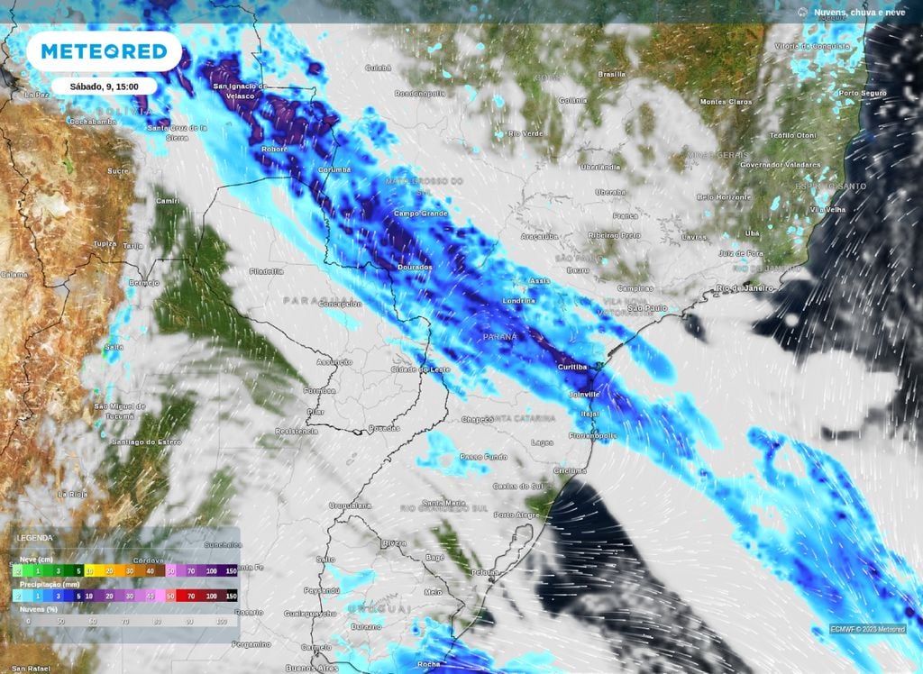 Precipitação e nebulosidade prevista para a tarde de sábado (9), de acordo com o modelo ECMWF.