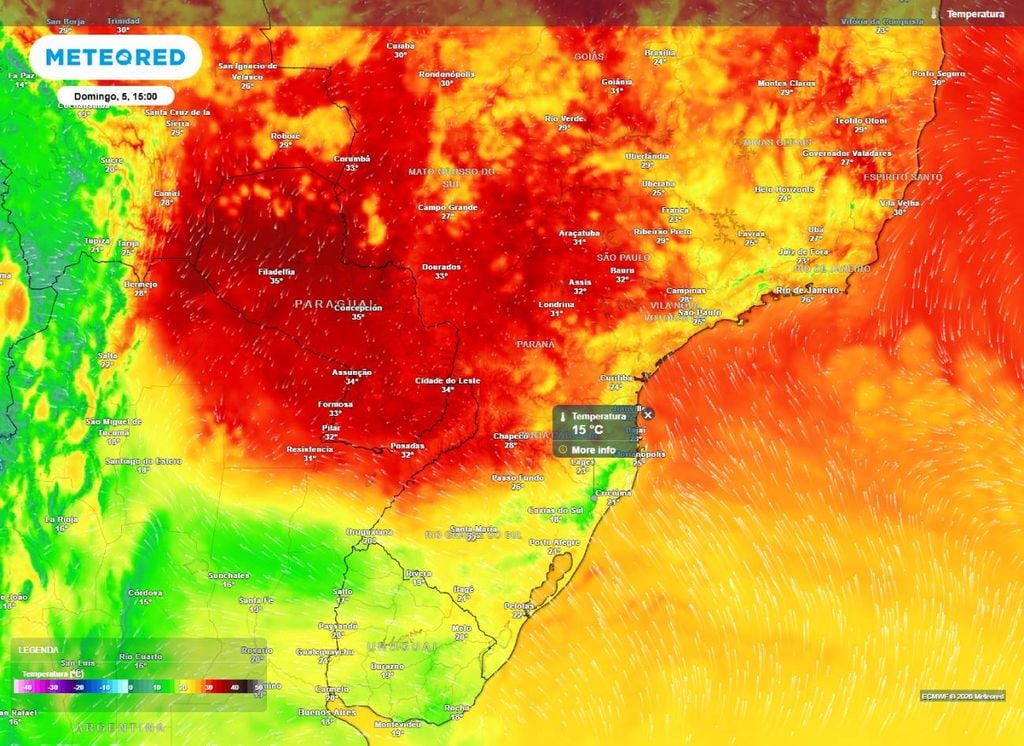 Mapa de temperatura. Temperatura prevista para a tarde de domingo (5).