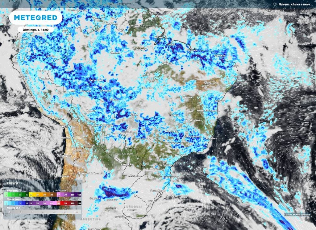 Mapa de precipitação. Chuva e nebulosidade prevista para a tarde deste Domingo de Páscoa (5).