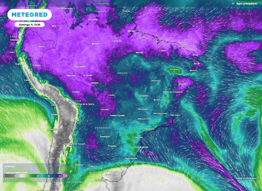Água precipitável. Água precipitável para a tarde deste domingo (5), de acordo com o modelo ECMWF.