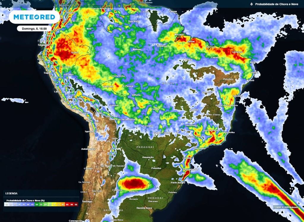 Probabilidade de chuva. Mapa de probabilidade de chuva ao longo da tarde deste domingo (5).