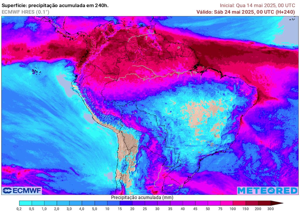 Previsão de acumulados totais de chuva até o dia 24 de maio. Previsão de acumulados totais de chuva até o dia 24 de maio.