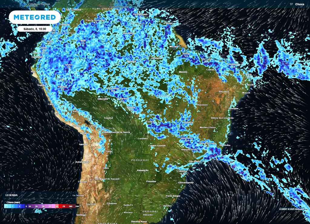 Mapa de precipitação prevista para a tarde de sábado (05).