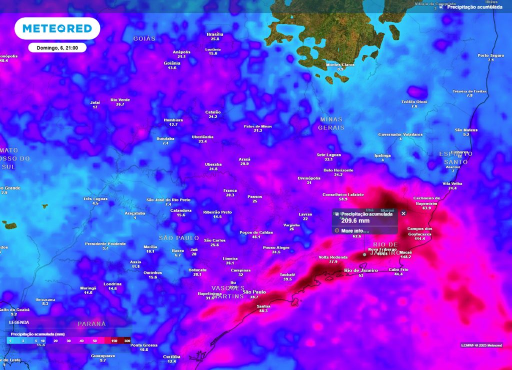 Previsão do acumulado de chuva entre a quinta-feira (03) e domingo (06), de acordo com o ECMWF.