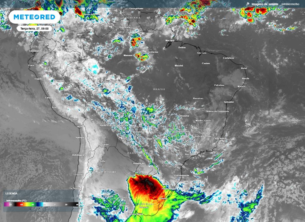 Imagem do satélite GOES-19 do canal infravermelho (10.3 µm) capturada às 9h.