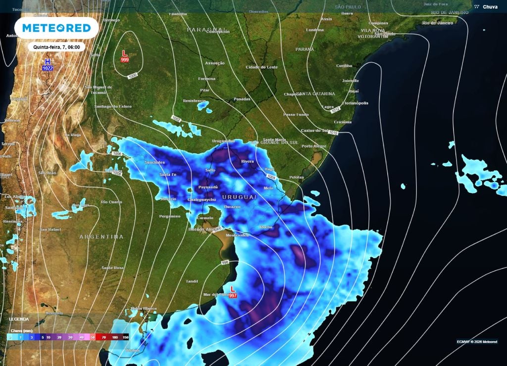 Previsão de chuva e pressão para a madrugada da quinta-feira, 7 de maio.