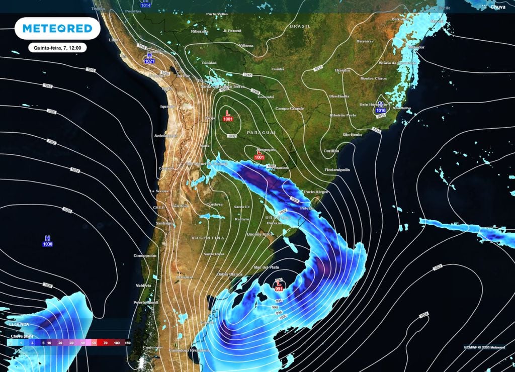 Previsão de chuva e pressão para a manhã da quinta-feira, 7 de maio.