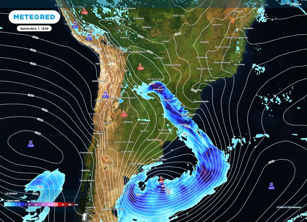 Previsão de chuva e pressão para o fim da tarde da quinta-feira, 7 de maio.