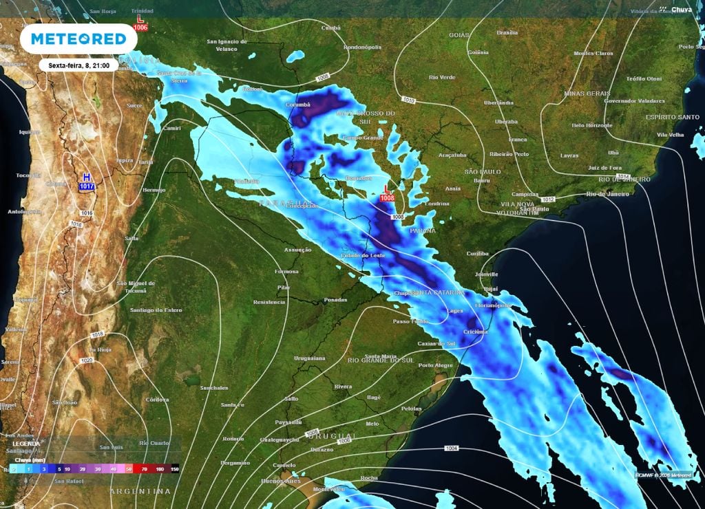 Previsão de chuva e pressão para a noite da sexta-feira, 8 de maio.