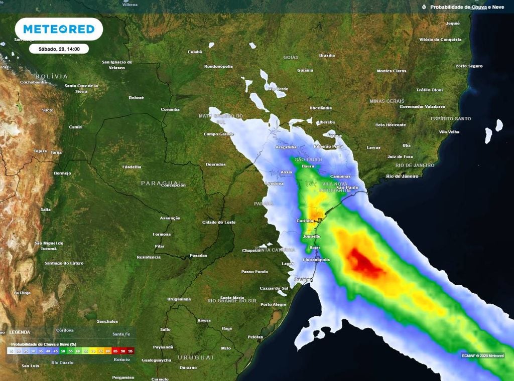 Previsão da probabilidade de precipitação (%) para sábado (20) às 14h, segundo o modelo europeu ECMWF.