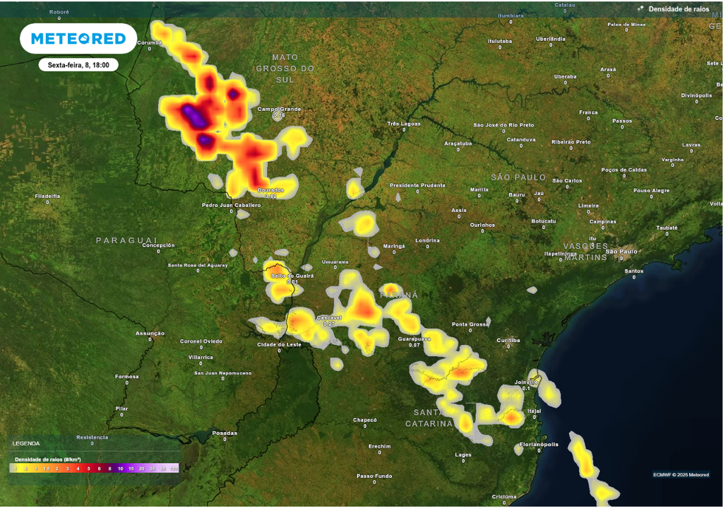 Previsão de tempestades nesta sexta-feira (8), segundo o ECMWF.