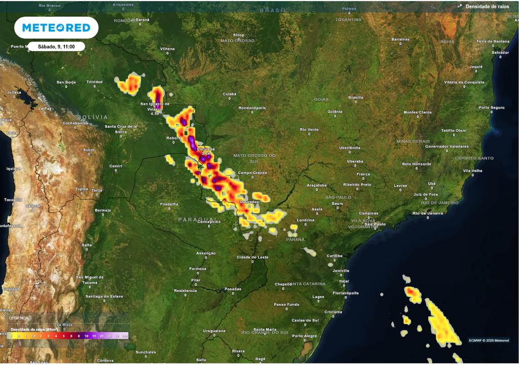 Previsão de tempestades para sábado (9), segundo o ECMWF.