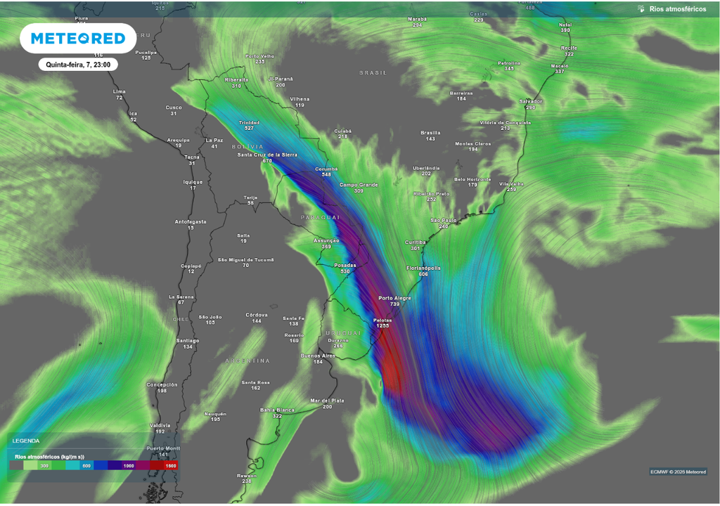 Previsão de rio atmosférico para quinta-feira (7), segundo o ECMWF.