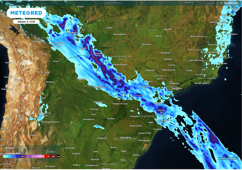 Previsão de chuvas intensas neste sábado (9), segundo o ECMWF.