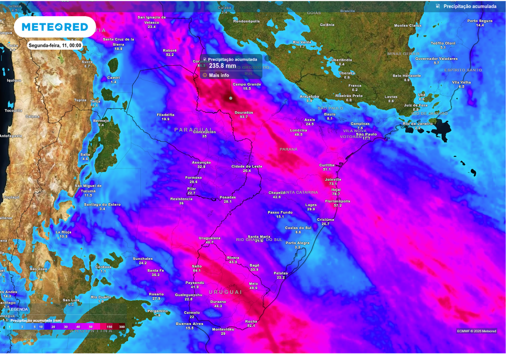 Previsão de chuva acumulada entre quinta (7) e domingo (10), segundo o ECMWF.