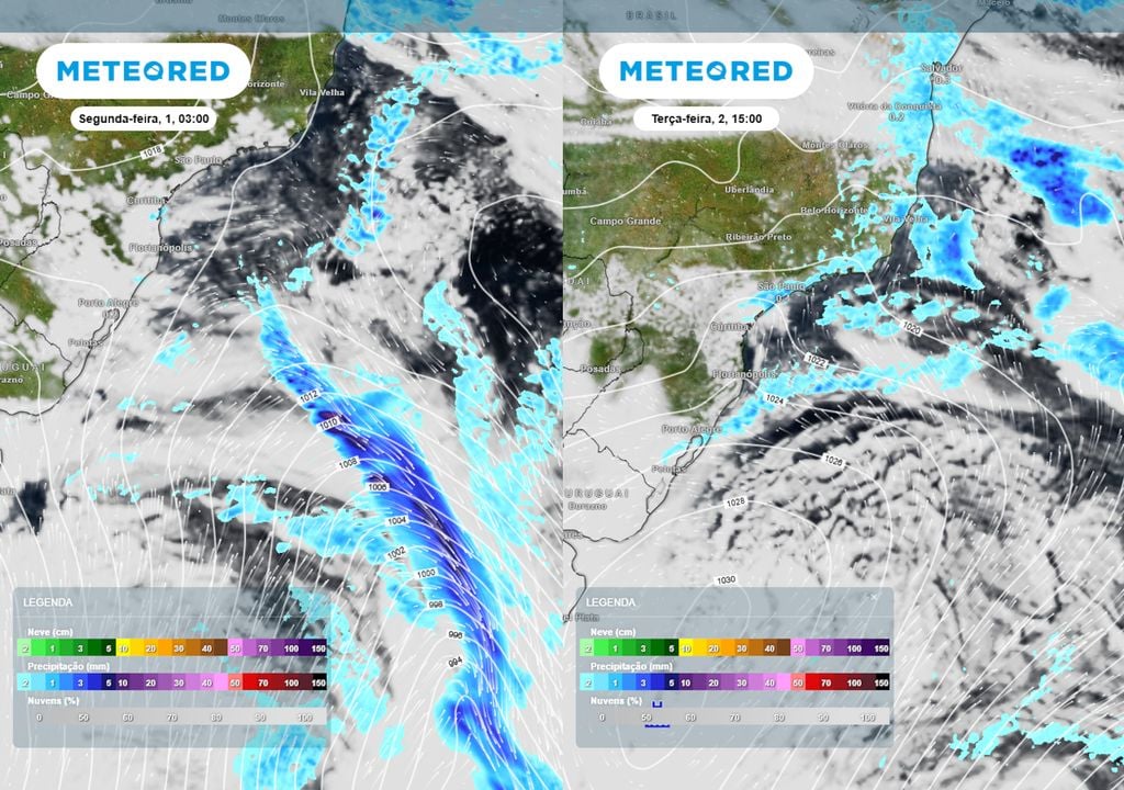 Previsão de nebulosidade, pressão, ventos e chuva na segunda-feira (esquerda) e terça-feira (direita). Previsão de nebulosidade, pressão, ventos e chuva na segunda-feira (esquerda) e terça-feira (direita) mostra a atuação da frente fria, que será capaz de causar chuvas fracas.
