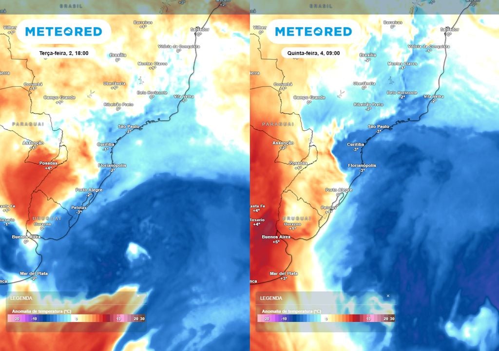Previsão de anomalia de temperaturas em 850 hPa na terça (esquerda) e quinta-feira (direita). Previsão de anomalia de temperaturas em 850 hPa na terça (esquerda) e quinta-feira (direita) ilustra o avanço da massa de ar frio nos próximos dias, atingindo estados de quatro regiões.