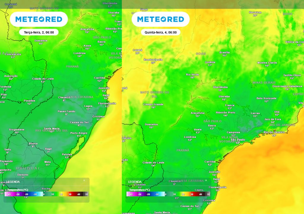 Previsão de temperaturas mínimas na terça-feira (esquerda) e na quarta-feira (direita). Previsão de temperaturas mínimas na terça-feira (esquerda) e na quarta-feira (direita) ilustra os momentos de maior intensidade do frio no Sul e no Sudeste ao longo da próxima semana.