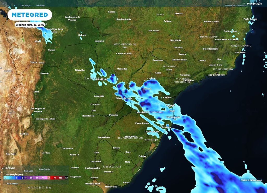 Previsão de chuva para a madrugada da segunda-feira, 29 de julho.