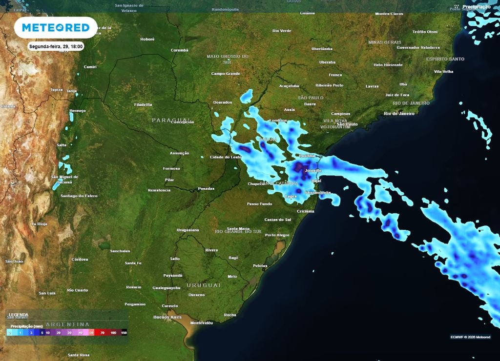 Previsão de chuva para a tarde da segunda-feira, 29 de julho.