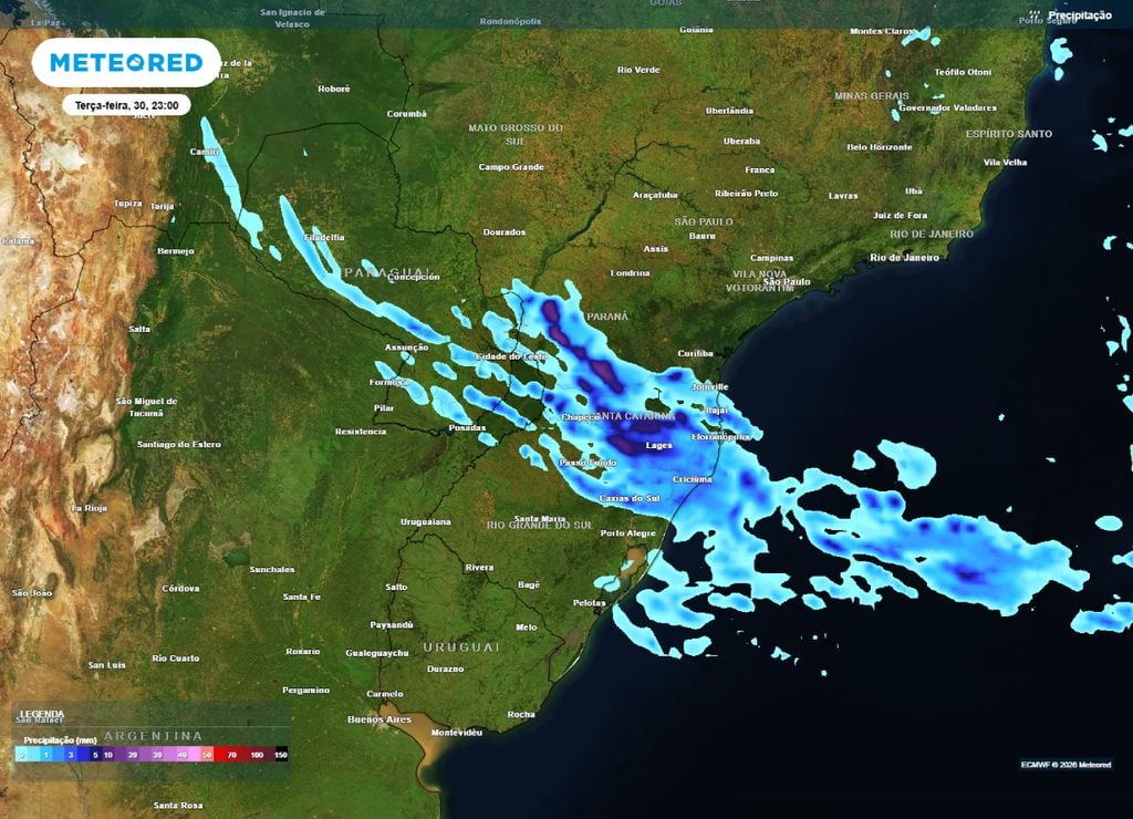 Previsão de chuva para a noite da terça-feira, 30 de julho.