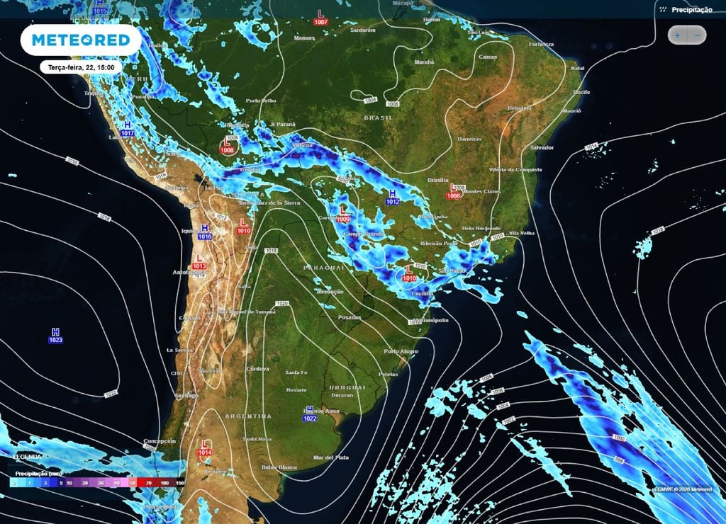 frente fria e ar frio Previsão de chuva e pressão para a tarde da terça-feira, 22 de setembro. Frente fria ajuda a organizar chuvas sobre o Brasil Central. Massa de ar frio já atua sobre o Sul.