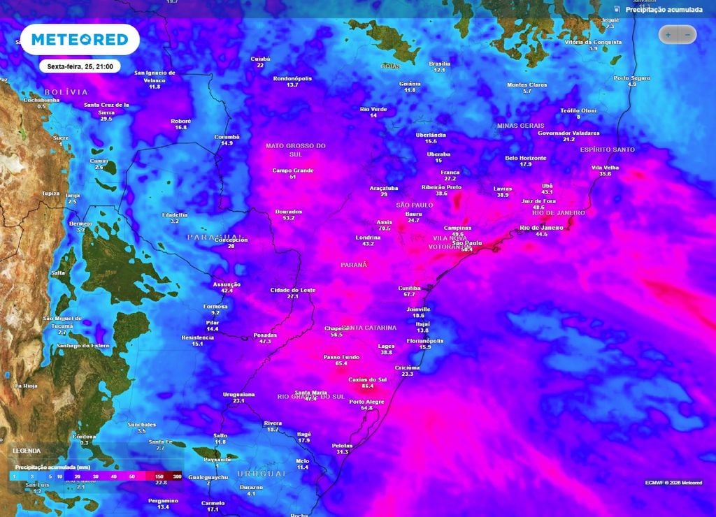 previsão do tempo Acumulado de chuva até a sexta-feira (25), com volumes máximos de 100 mm no Centro-Sul do Brasil. As chuvas mais intensas 90% do acumulado total acontece no período de até 48 horas.