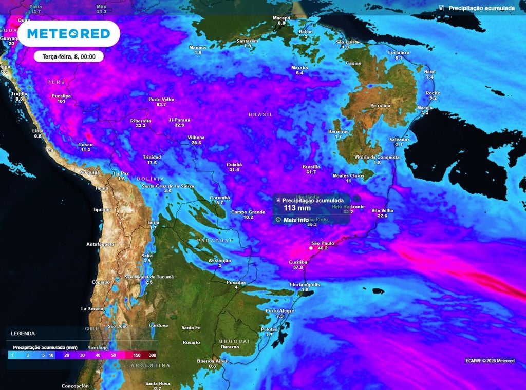 Acumulados de chuva entre hoje (4) e segunda-feira (7) pode superar os 100 mm em áreas de São Paulo.