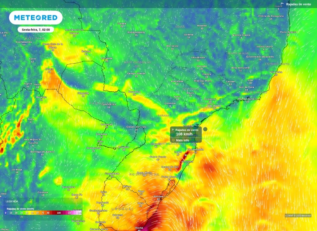 Rajadas de vento. Rajadas de vento superam os 100 km/h em SC e no RS na madrugada de sexta-feira (7)