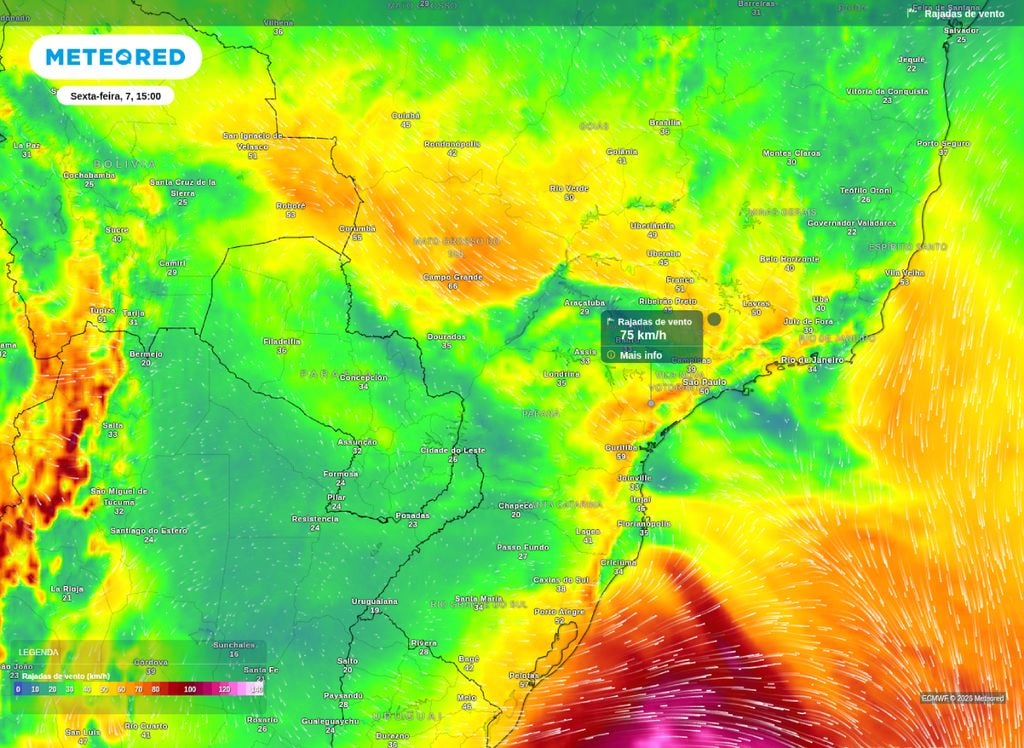 Ventos intensos. Rajadas de vento previstas para a tarde de sexta-feira (7), segundo o modelo ECMWF.