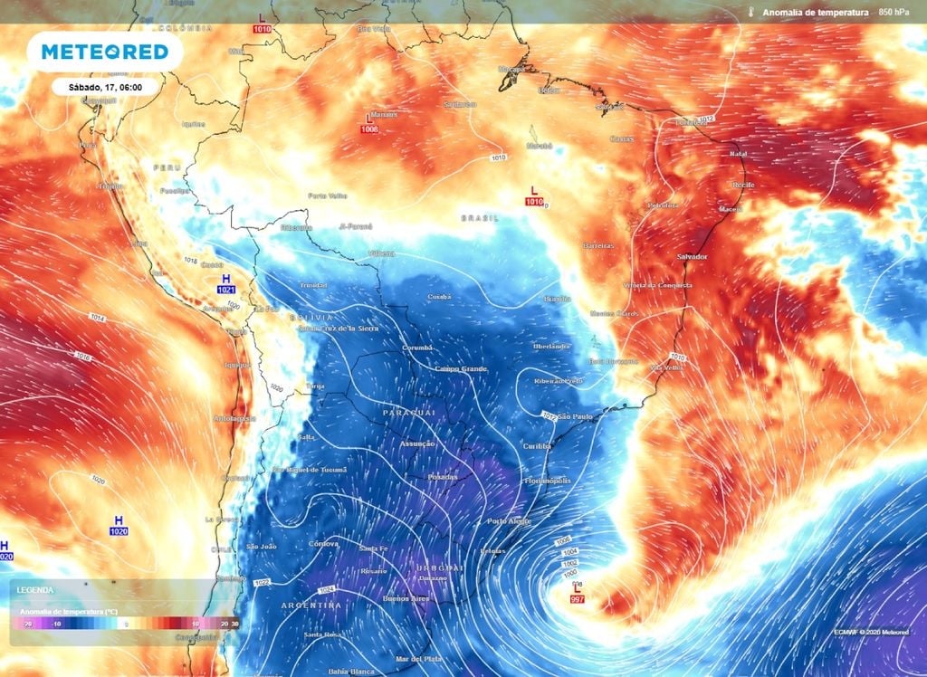 Anomalia de temperatura em 850 hPa. Massa de ar frio avança após frente fria e diminui temperaturas no Centro-Sul do Brasil.