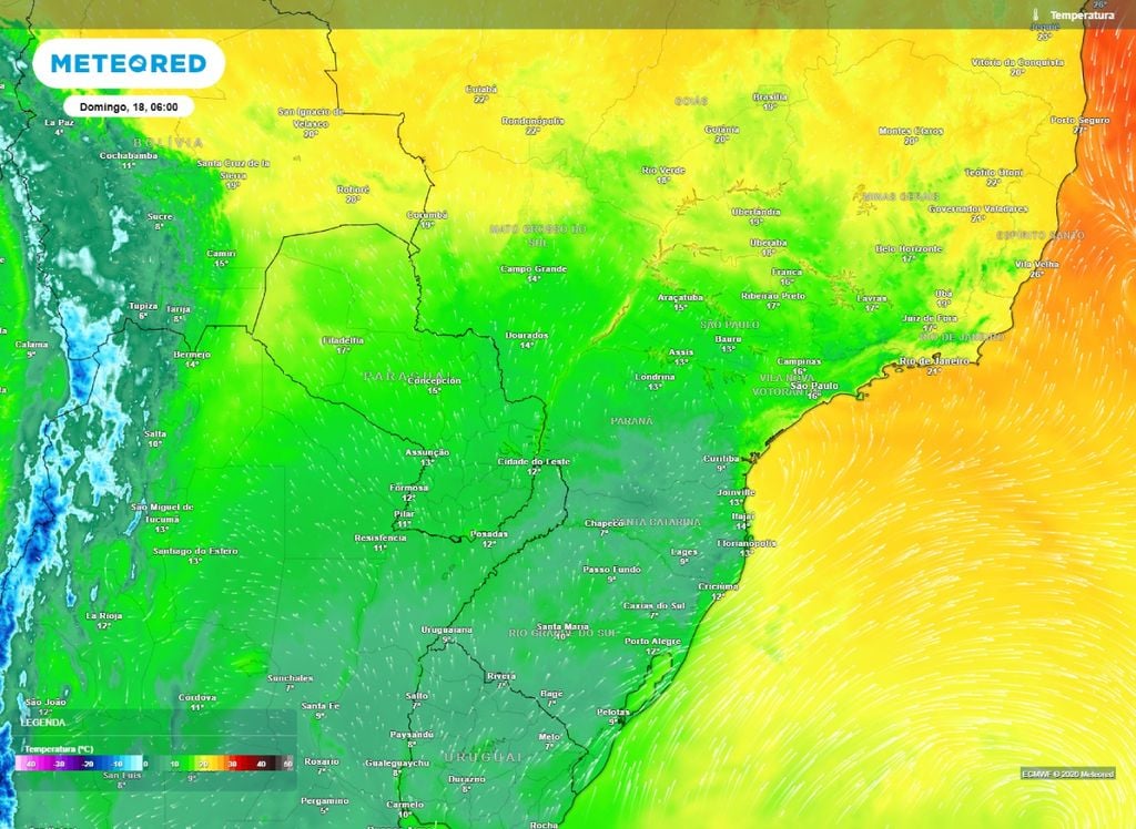temperatura domingo (18). Temperatura mínima prevista para o domingo (18), de acordo com o modelo ECMWF.